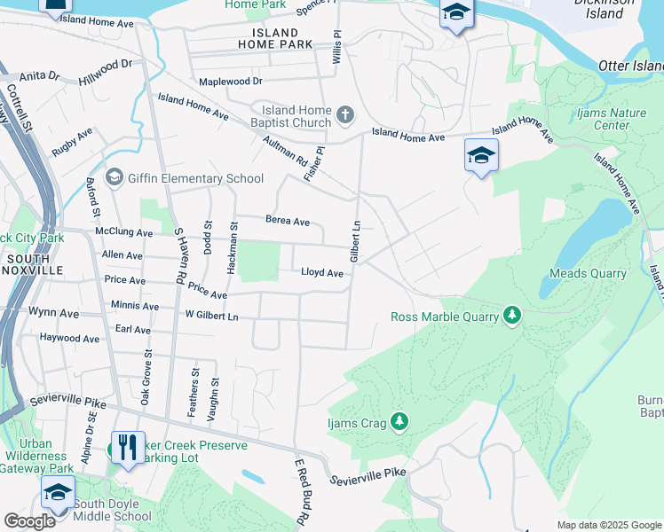 map of restaurants, bars, coffee shops, grocery stores, and more near 2315 Lloyd Avenue in Knoxville