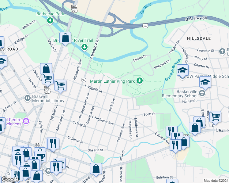 map of restaurants, bars, coffee shops, grocery stores, and more near 710 Park Avenue in Rocky Mount