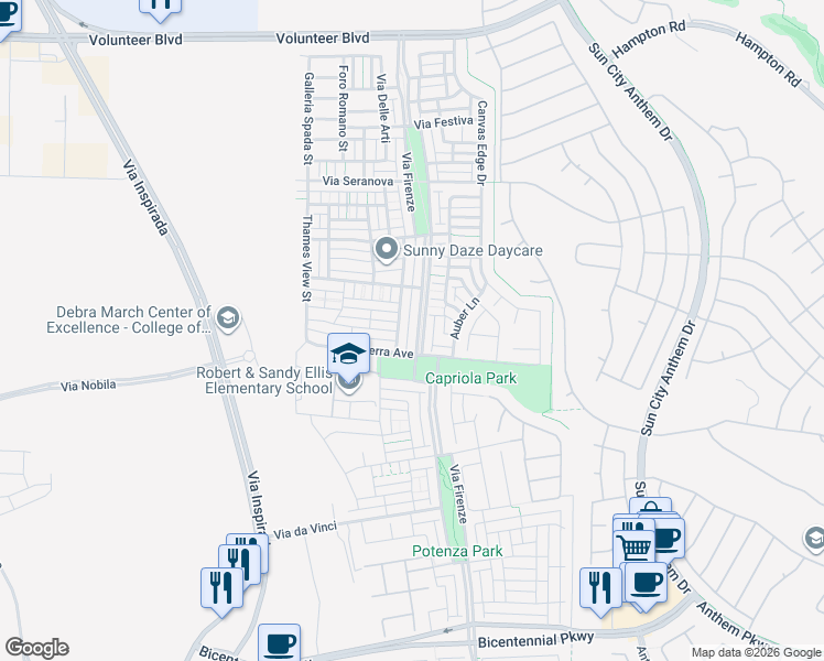map of restaurants, bars, coffee shops, grocery stores, and more near 2124 Via Firenze in Henderson