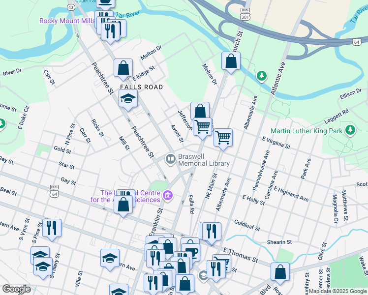 map of restaurants, bars, coffee shops, grocery stores, and more near 300 Pittman Street in Rocky Mount