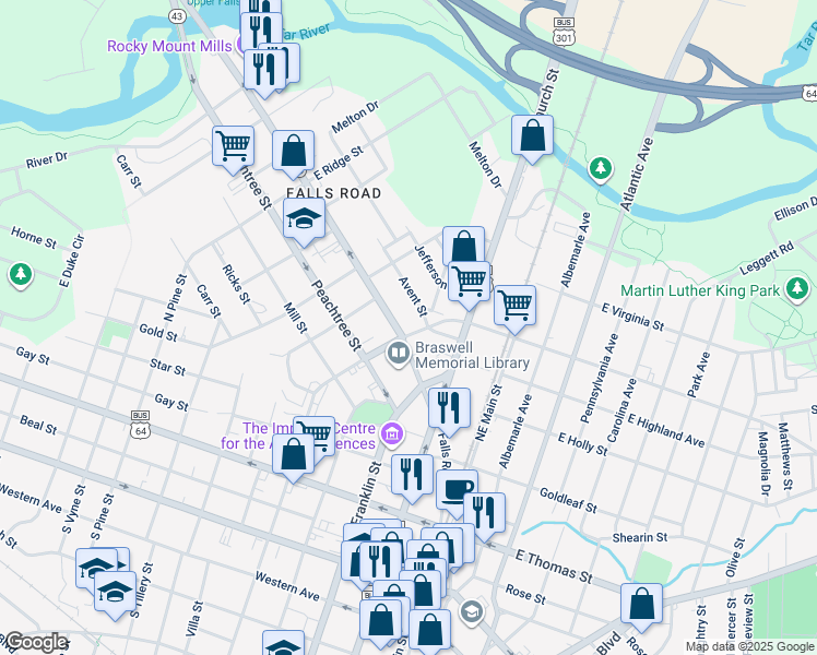map of restaurants, bars, coffee shops, grocery stores, and more near 509 Falls Road in Rocky Mount
