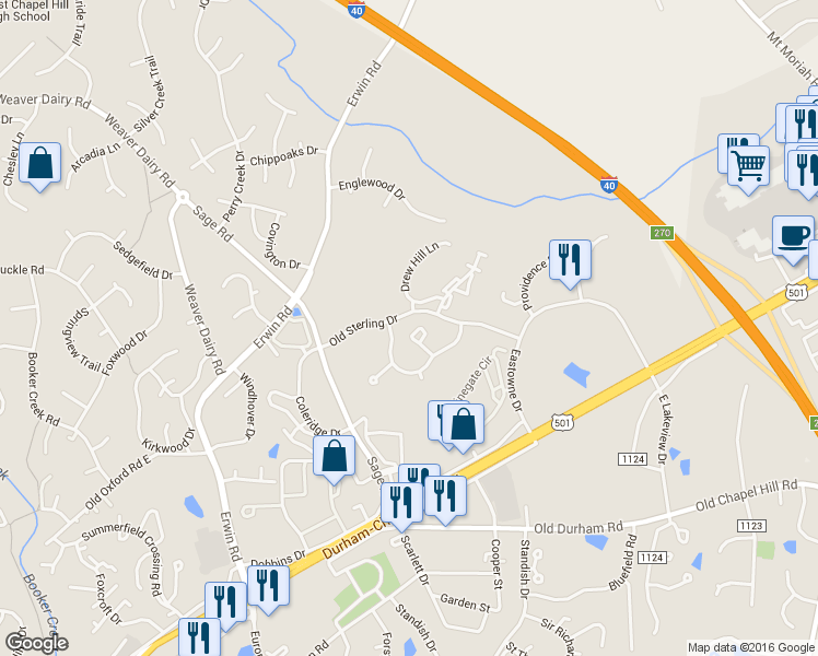 map of restaurants, bars, coffee shops, grocery stores, and more near 101 Providence Glen Drive in Chapel Hill