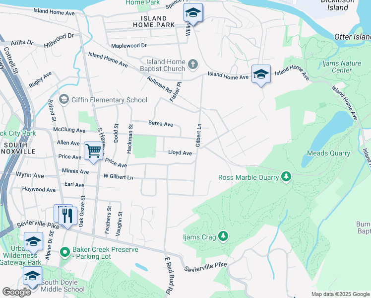 map of restaurants, bars, coffee shops, grocery stores, and more near 2315 Lloyd Avenue in Knoxville