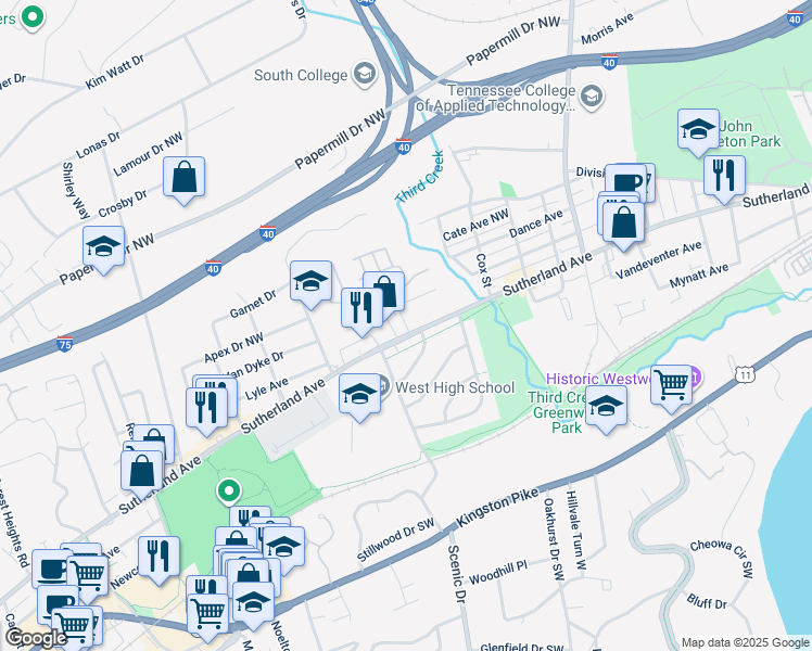 map of restaurants, bars, coffee shops, grocery stores, and more near 3240 Sutherland Avenue in Knoxville