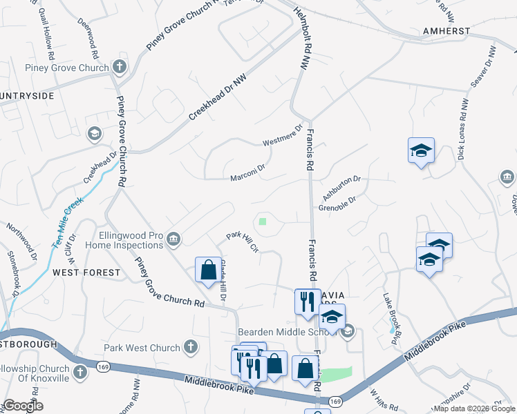 map of restaurants, bars, coffee shops, grocery stores, and more near 5956 Bearden View Lane in Knoxville