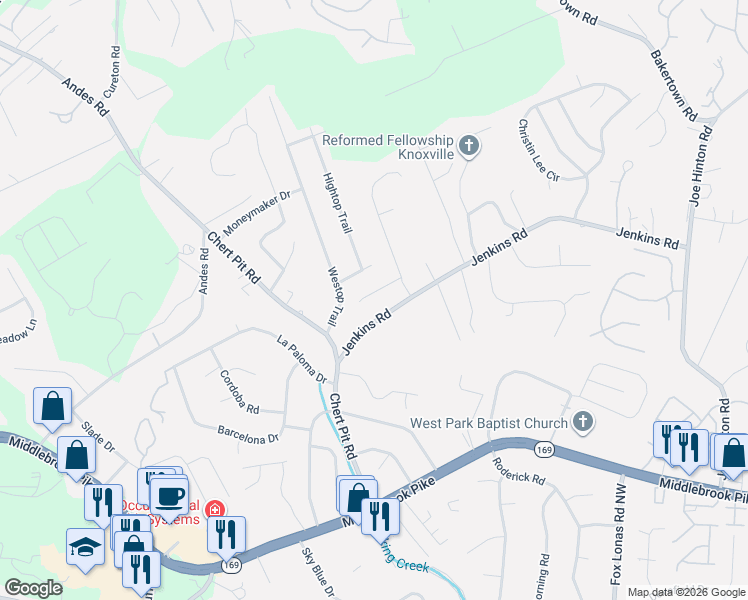 map of restaurants, bars, coffee shops, grocery stores, and more near 8120 Crimson Lane in Knoxville