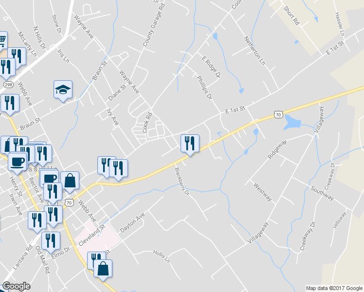 map of restaurants, bars, coffee shops, grocery stores, and more near 71 Campbell Street in Crossville