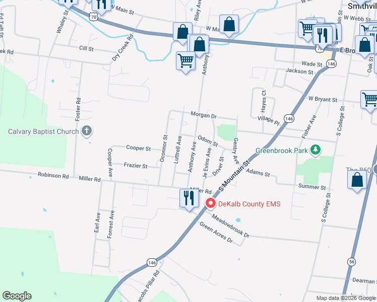 map of restaurants, bars, coffee shops, grocery stores, and more near 834 Anthony Avenue in Smithville
