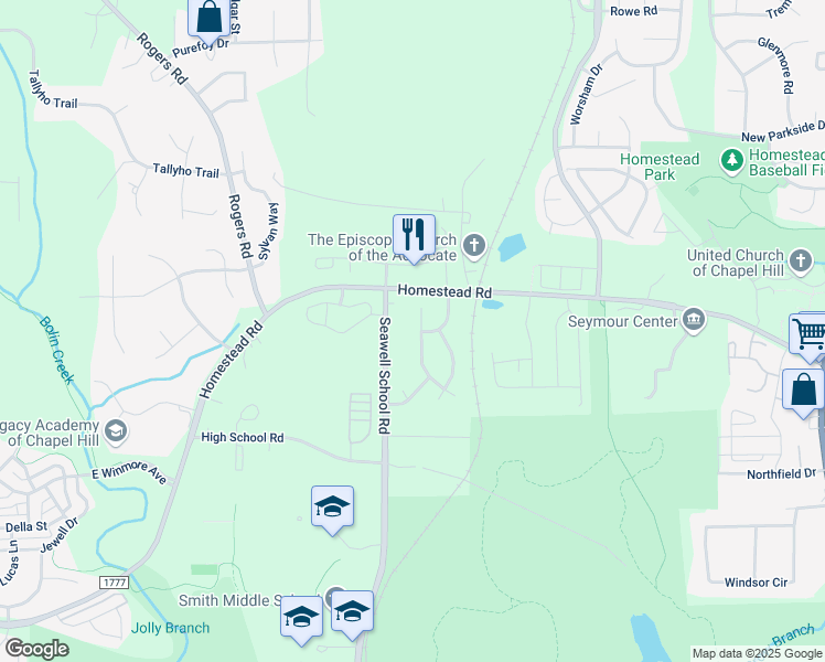 map of restaurants, bars, coffee shops, grocery stores, and more near 201 Chesapeake Way in Chapel Hill