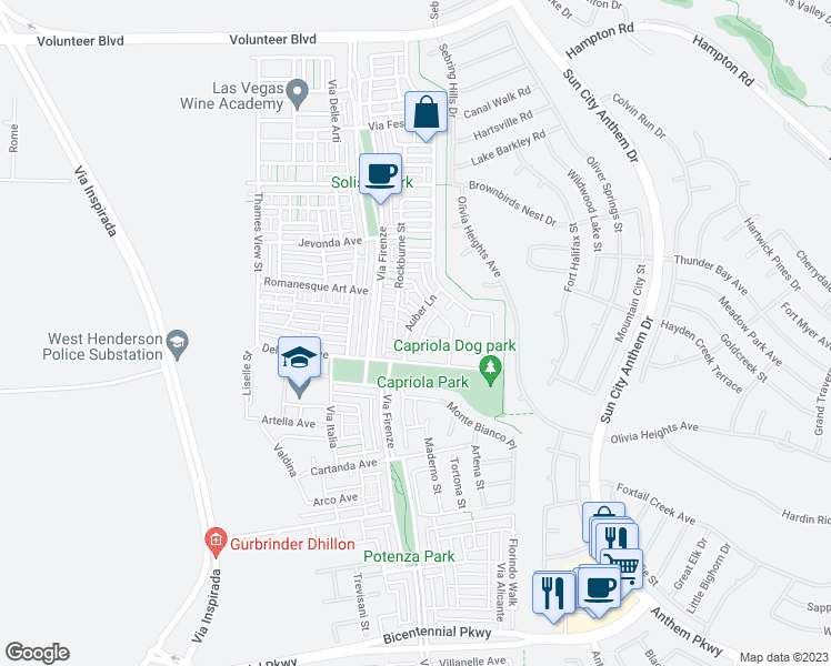 map of restaurants, bars, coffee shops, grocery stores, and more near 2123 Emyvale Court in Henderson