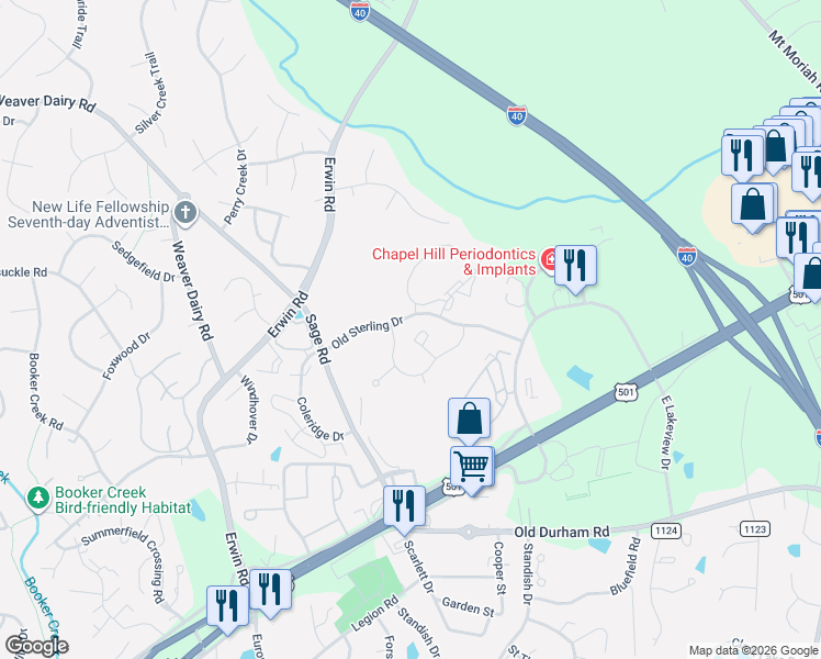 map of restaurants, bars, coffee shops, grocery stores, and more near 101 Providence Glen Drive in Chapel Hill