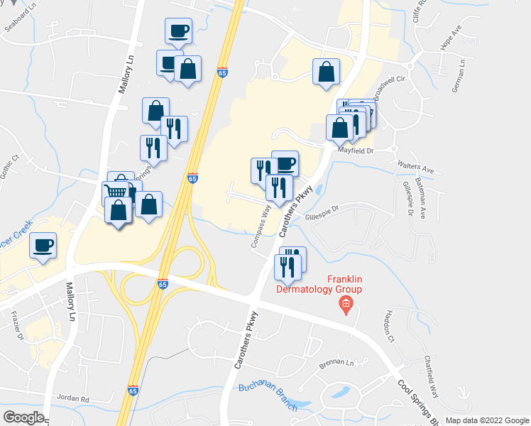 map of restaurants, bars, coffee shops, grocery stores, and more near Compass Way in Franklin