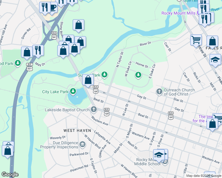 map of restaurants, bars, coffee shops, grocery stores, and more near 300-398 North Taylor Street in Rocky Mount