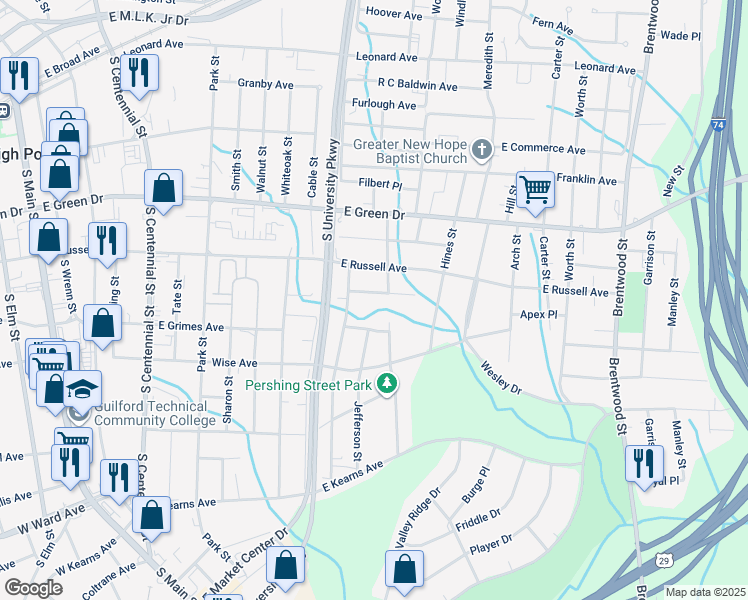 map of restaurants, bars, coffee shops, grocery stores, and more near 1110 Anderson Place in High Point
