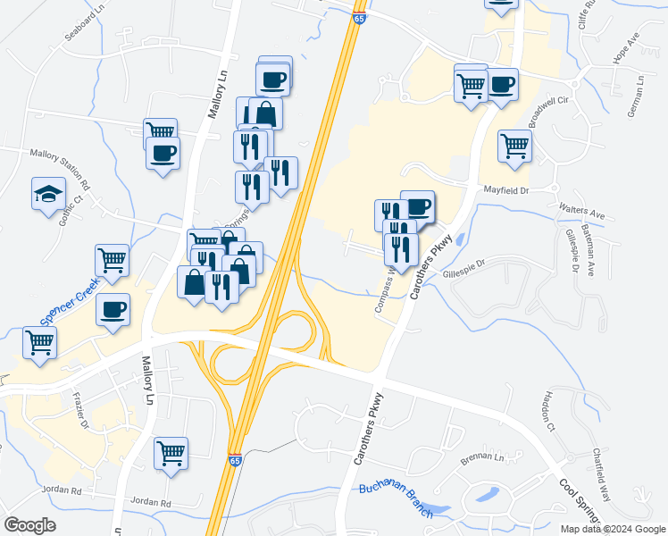 map of restaurants, bars, coffee shops, grocery stores, and more near 5000 Meridian Boulevard in Franklin