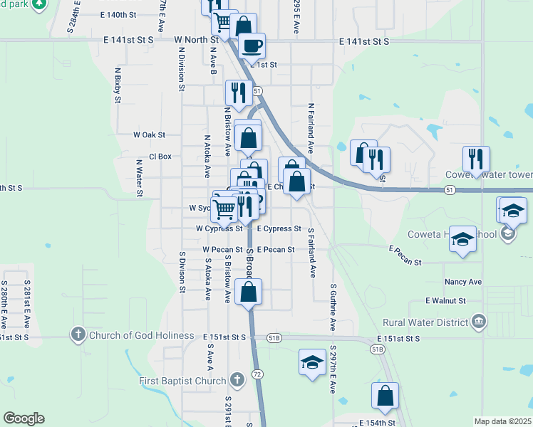 map of restaurants, bars, coffee shops, grocery stores, and more near 120 East Sycamore Street in Coweta