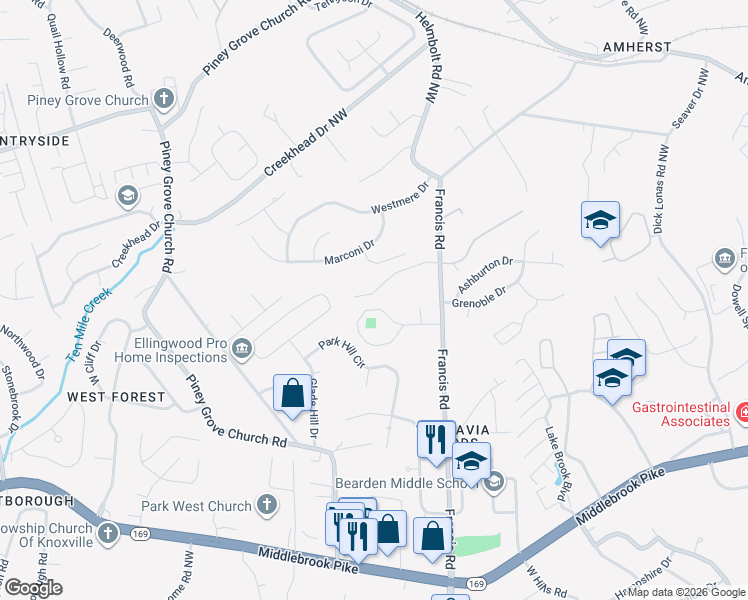 map of restaurants, bars, coffee shops, grocery stores, and more near 5956 Bearden View Lane in Knoxville