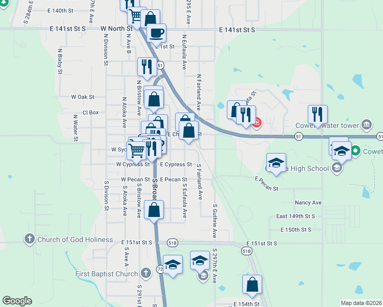 map of restaurants, bars, coffee shops, grocery stores, and more near 314 E Sycamore St in Coweta