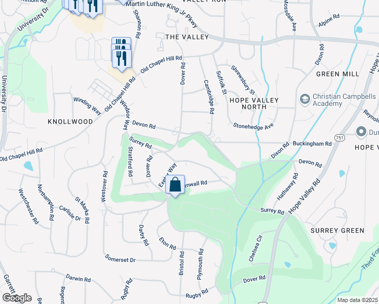 map of restaurants, bars, coffee shops, grocery stores, and more near 3124 Surrey Road in Durham