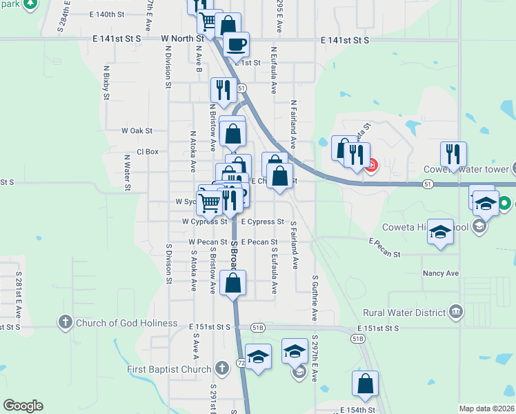 map of restaurants, bars, coffee shops, grocery stores, and more near 204 E Sycamore St in Coweta