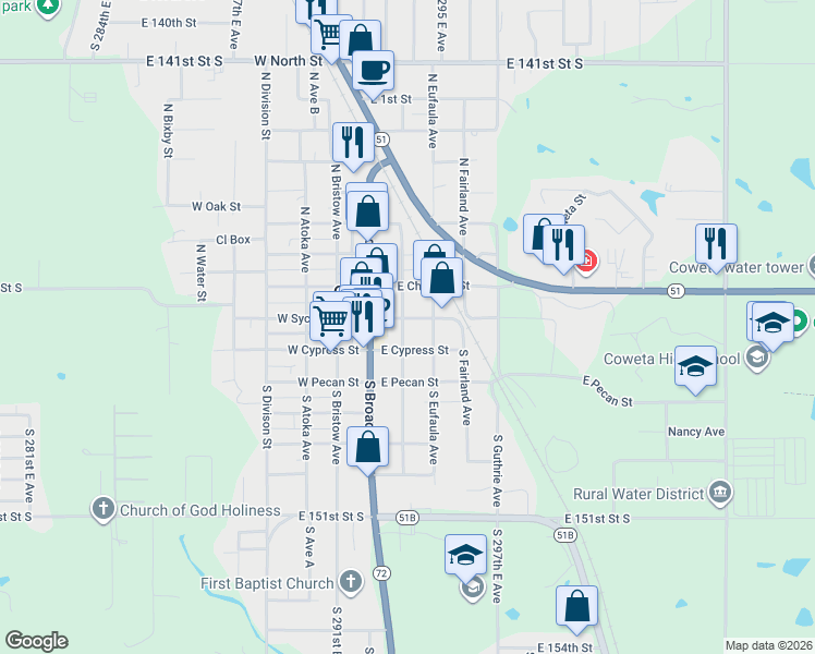 map of restaurants, bars, coffee shops, grocery stores, and more near 204 East Sycamore Street in Coweta