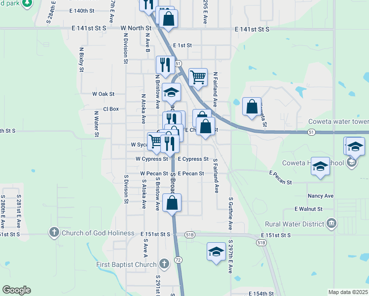 map of restaurants, bars, coffee shops, grocery stores, and more near 120 East Sycamore Street in Coweta