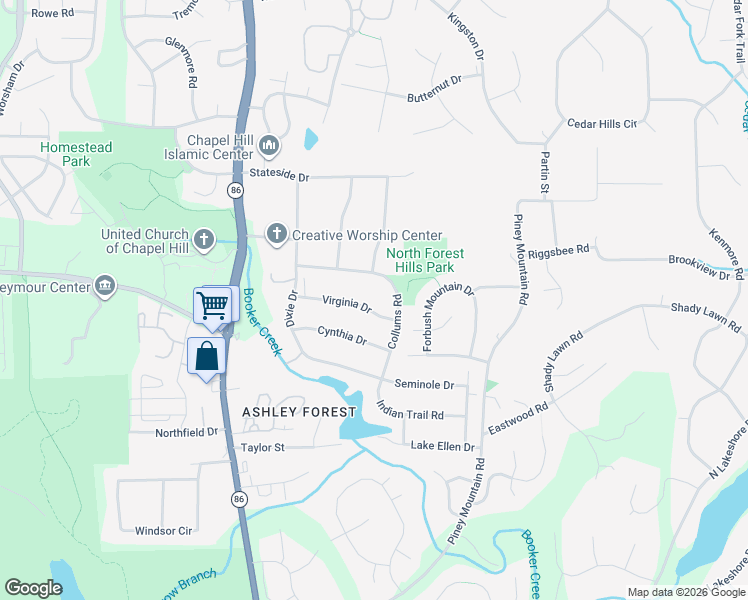 map of restaurants, bars, coffee shops, grocery stores, and more near 119 Virginia Drive in Chapel Hill