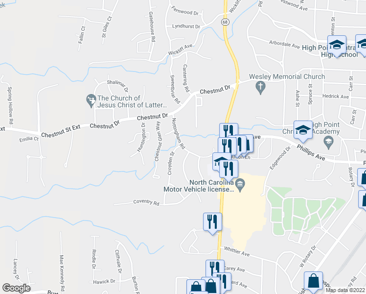 map of restaurants, bars, coffee shops, grocery stores, and more near 965 Nottingham Rd in High Point
