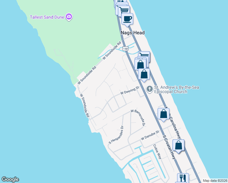 map of restaurants, bars, coffee shops, grocery stores, and more near 4124 West Vansciver Drive in Nags Head