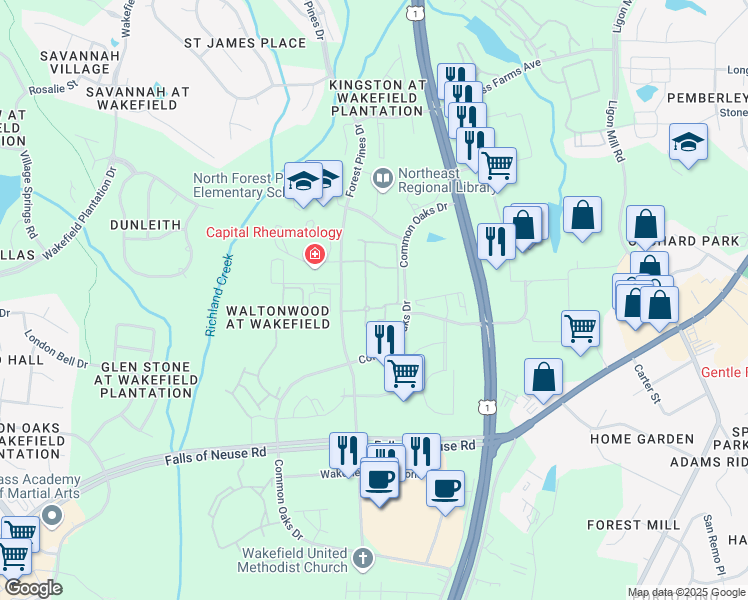 map of restaurants, bars, coffee shops, grocery stores, and more near 11321 Colbert Creek Loop in Raleigh