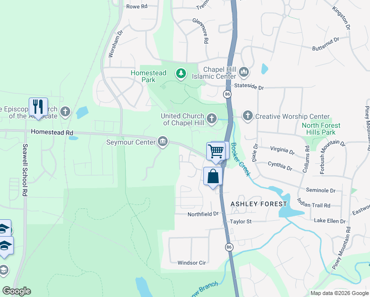 map of restaurants, bars, coffee shops, grocery stores, and more near 2701 Homestead Road in Chapel Hill
