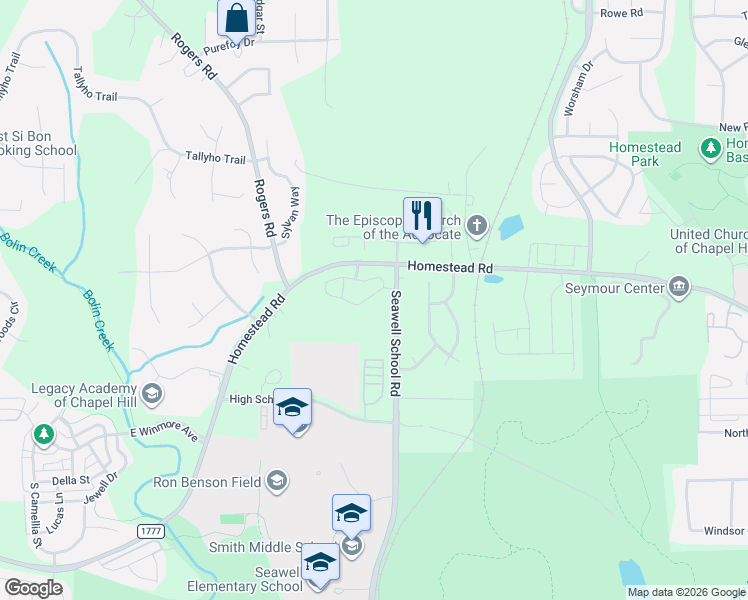 map of restaurants, bars, coffee shops, grocery stores, and more near 424 Lena Circle in Chapel Hill