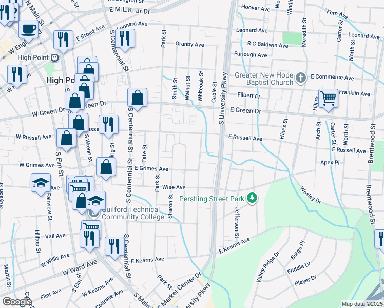 map of restaurants, bars, coffee shops, grocery stores, and more near 904 Asheboro Street in High Point