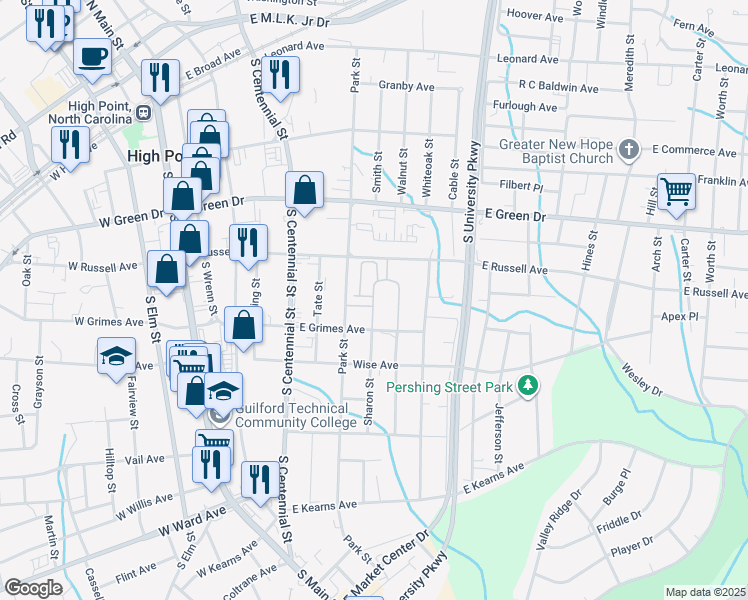 map of restaurants, bars, coffee shops, grocery stores, and more near 517 Park Street in High Point