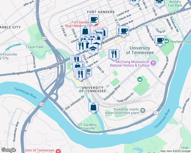 map of restaurants, bars, coffee shops, grocery stores, and more near 2107 Andy Holt Avenue Southwest in Knoxville