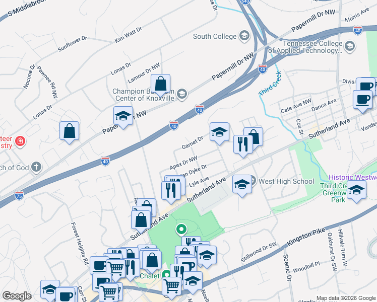 map of restaurants, bars, coffee shops, grocery stores, and more near 808 Jade Road Northwest in Knoxville