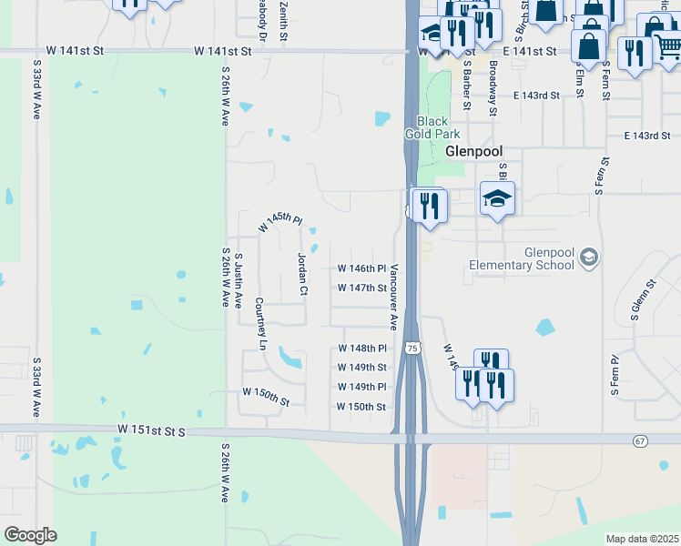 map of restaurants, bars, coffee shops, grocery stores, and more near 601 West 147th Street in Glenpool