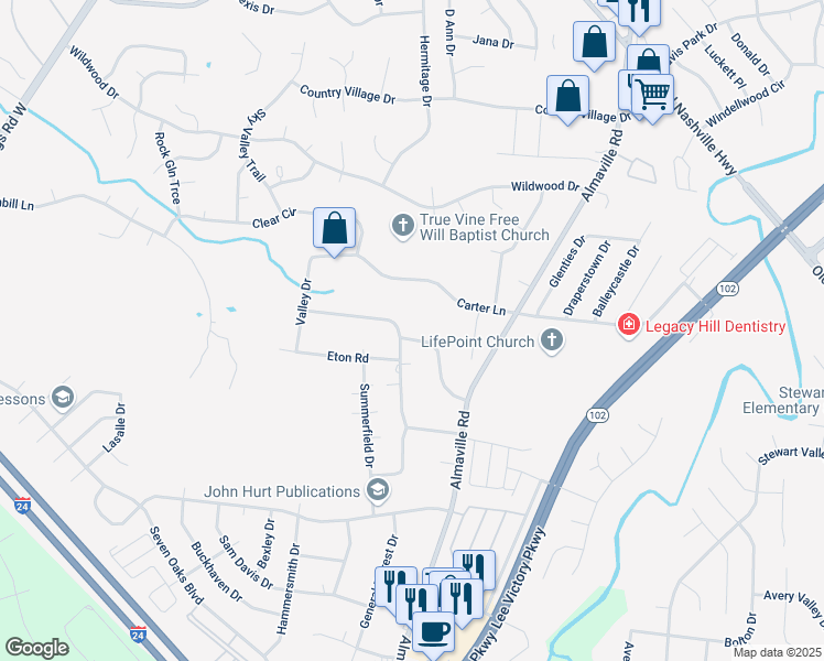 map of restaurants, bars, coffee shops, grocery stores, and more near 720 Valley Green Drive in Smyrna