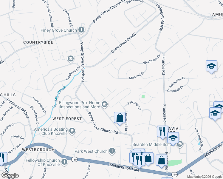 map of restaurants, bars, coffee shops, grocery stores, and more near 1725 Pinebrook Drive Northwest in Knoxville