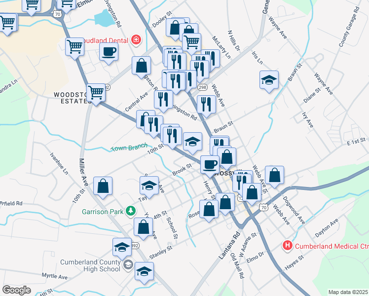 map of restaurants, bars, coffee shops, grocery stores, and more near 488 West Avenue in Crossville