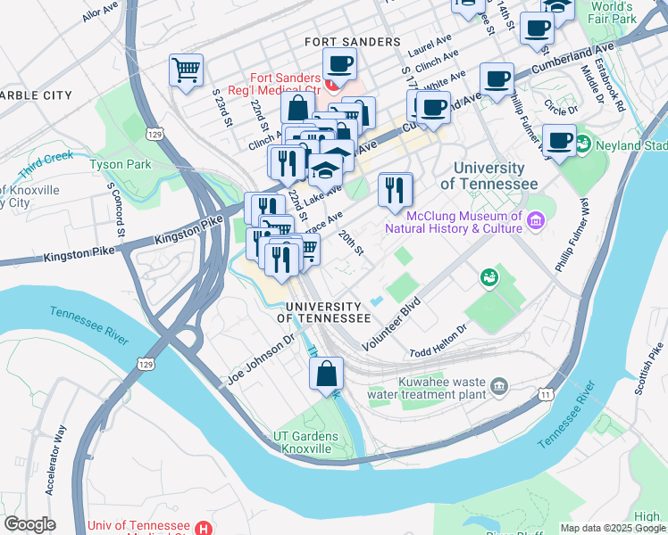 map of restaurants, bars, coffee shops, grocery stores, and more near 2107 Andy Holt Avenue Southwest in Knoxville