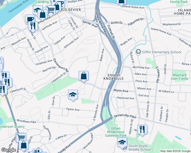 map of restaurants, bars, coffee shops, grocery stores, and more near 1133 Baker Avenue in Knoxville