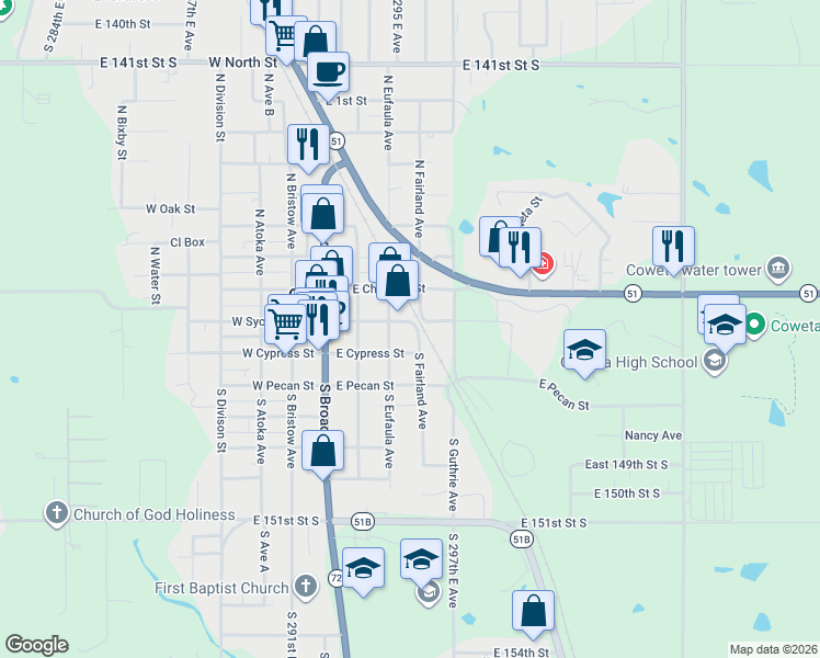 map of restaurants, bars, coffee shops, grocery stores, and more near 314 East Sycamore Street in Coweta