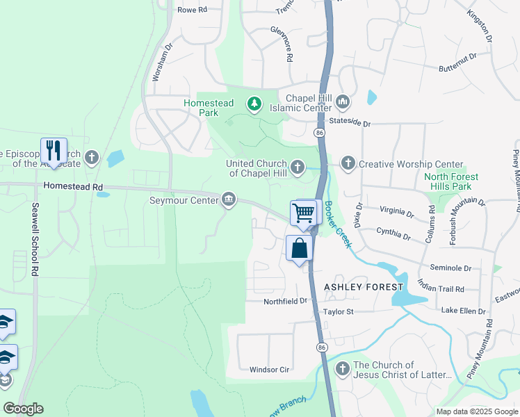 map of restaurants, bars, coffee shops, grocery stores, and more near 2701 Homestead Road in Chapel Hill