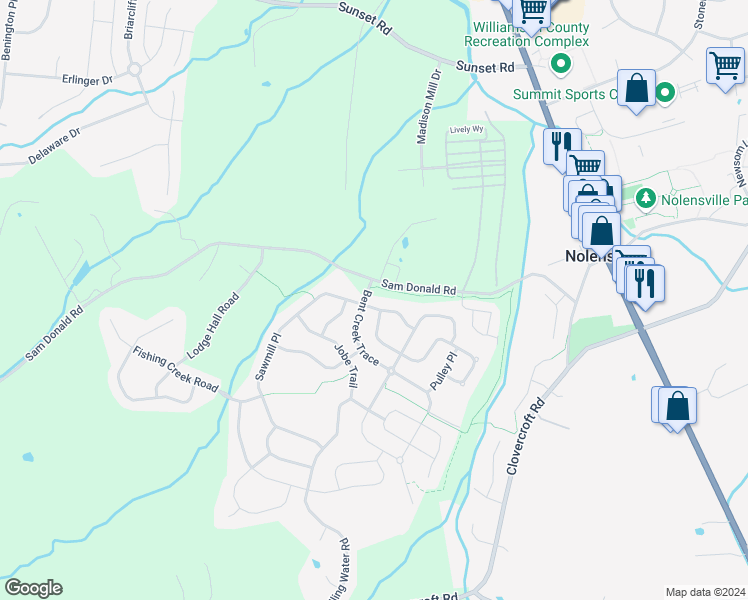 map of restaurants, bars, coffee shops, grocery stores, and more near 5000 Burke Trail in Nolensville