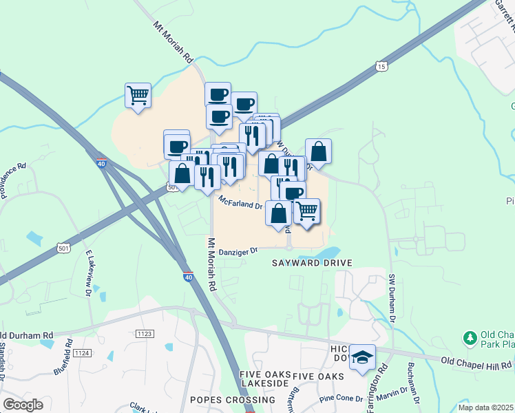 map of restaurants, bars, coffee shops, grocery stores, and more near 2098 Honeycutt Drive in Durham