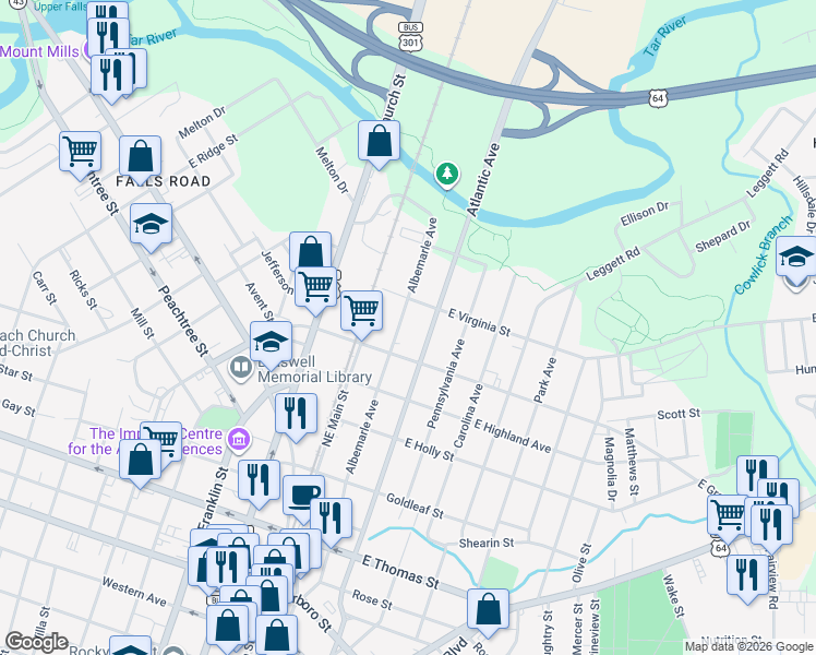 map of restaurants, bars, coffee shops, grocery stores, and more near 200 East Grand Avenue in Rocky Mount