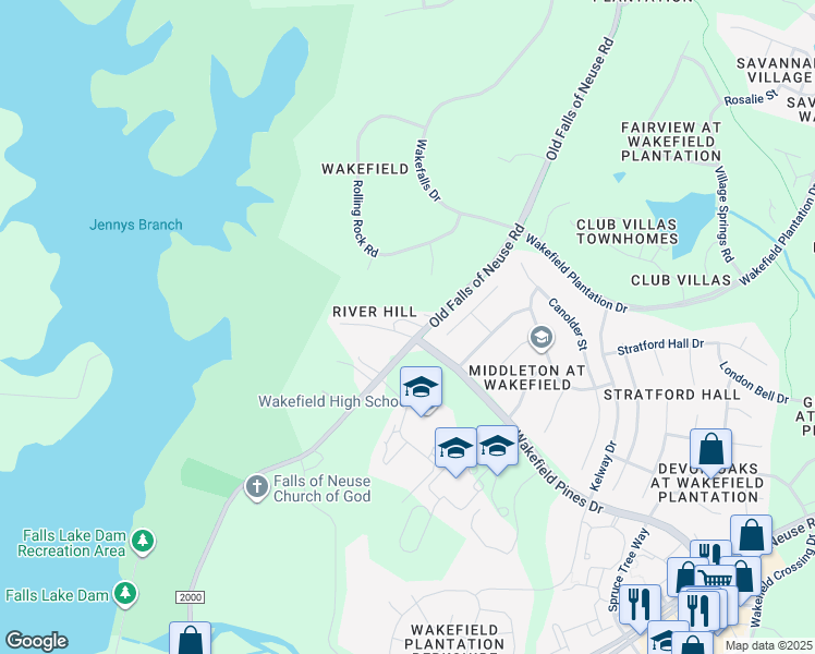 map of restaurants, bars, coffee shops, grocery stores, and more near 12405 Falls of Neuse Road in Wake Forest