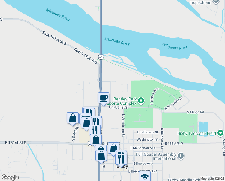 map of restaurants, bars, coffee shops, grocery stores, and more near 14681 South 82nd East Avenue in Bixby