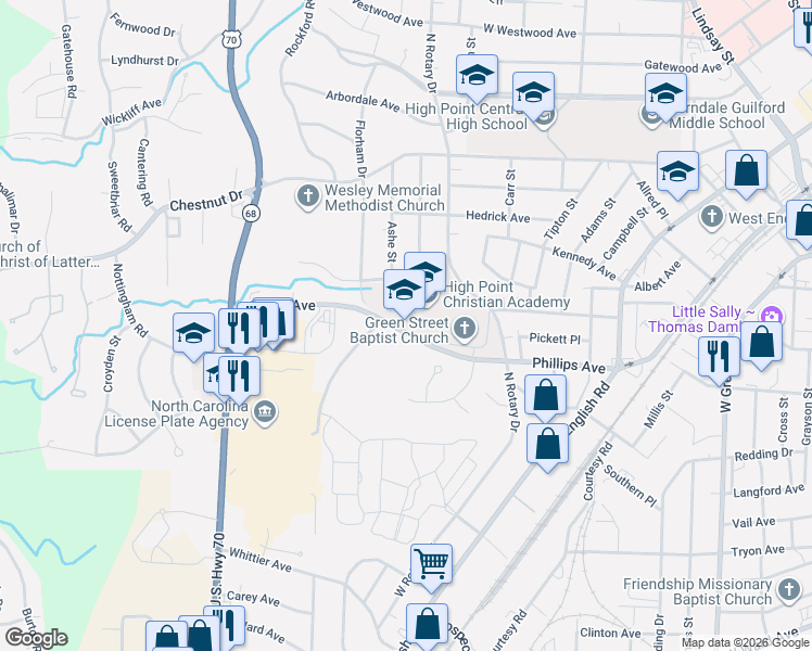 map of restaurants, bars, coffee shops, grocery stores, and more near 800 Phillips Avenue in High Point